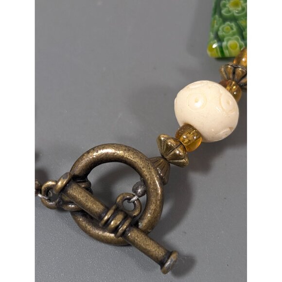 Bronze Tone Green Yellow Millefiori Glass Square Bead Bracelet 7" - Picture 2 of 7